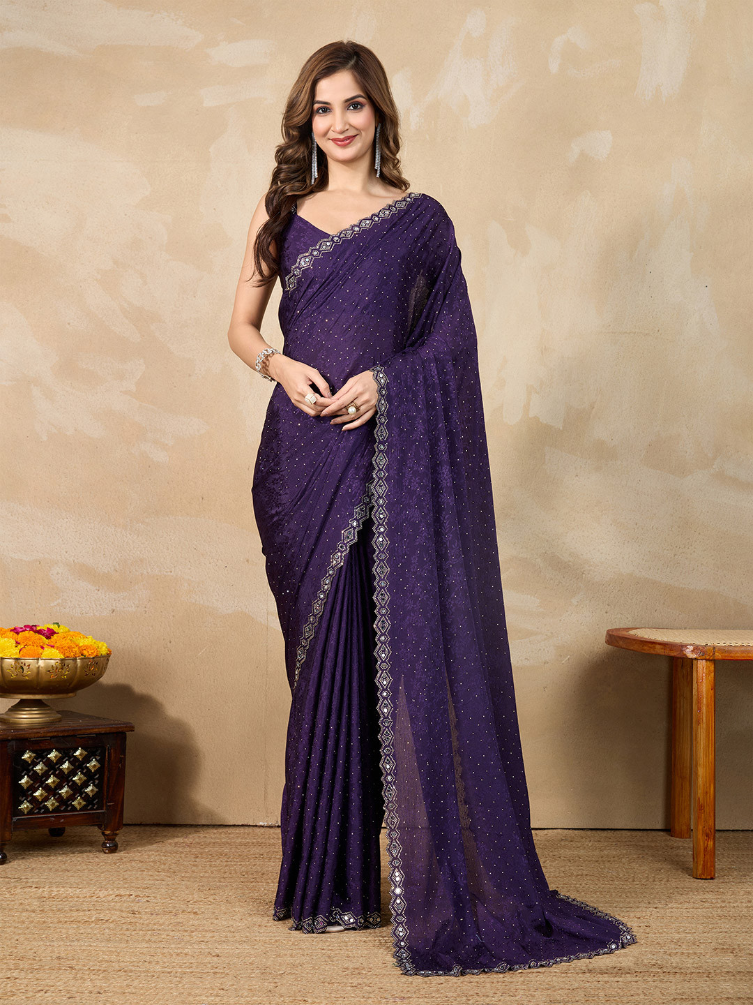 Trendmalls Floral Beads and Stones Art Silk Designer Saree
