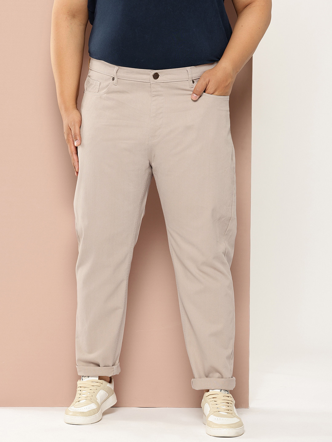 Thomas Scott Men Smart Easy Wash Plus Size Pure Cotton Woven Chinos Trousers