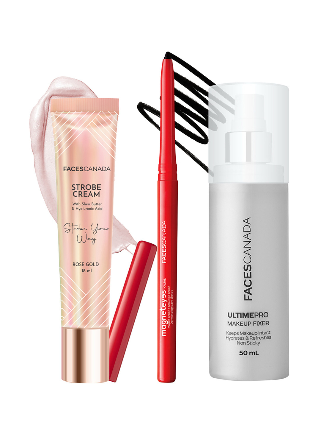 FACES CANADA Set Of 3 Stroke Your Way Strobe Cream, Magneteyes Kajal & Makeup Fixer
