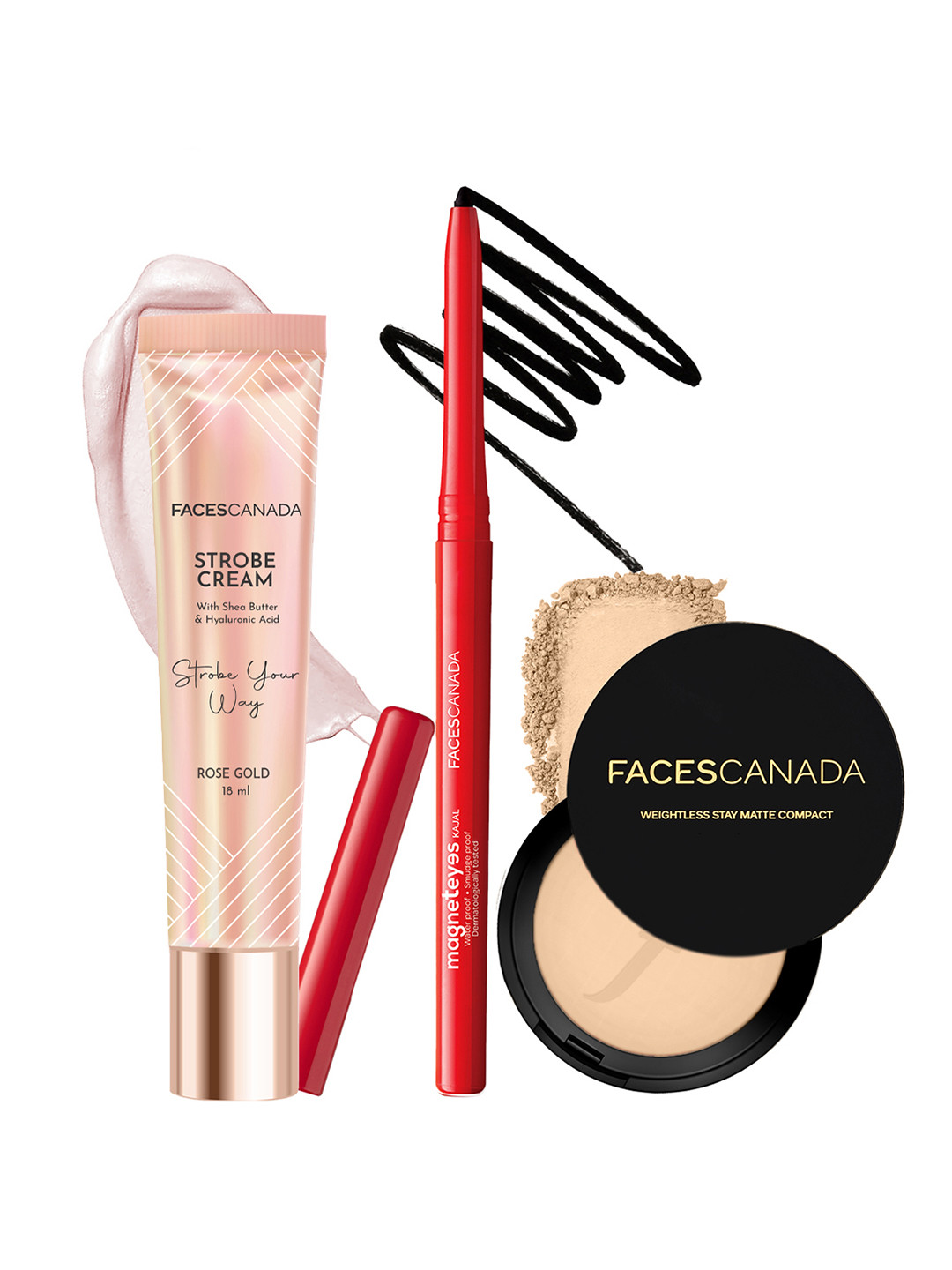 FACES CANADA Set Of 3 Strobe Cream, Magneteyes Kajal & Compact Powder