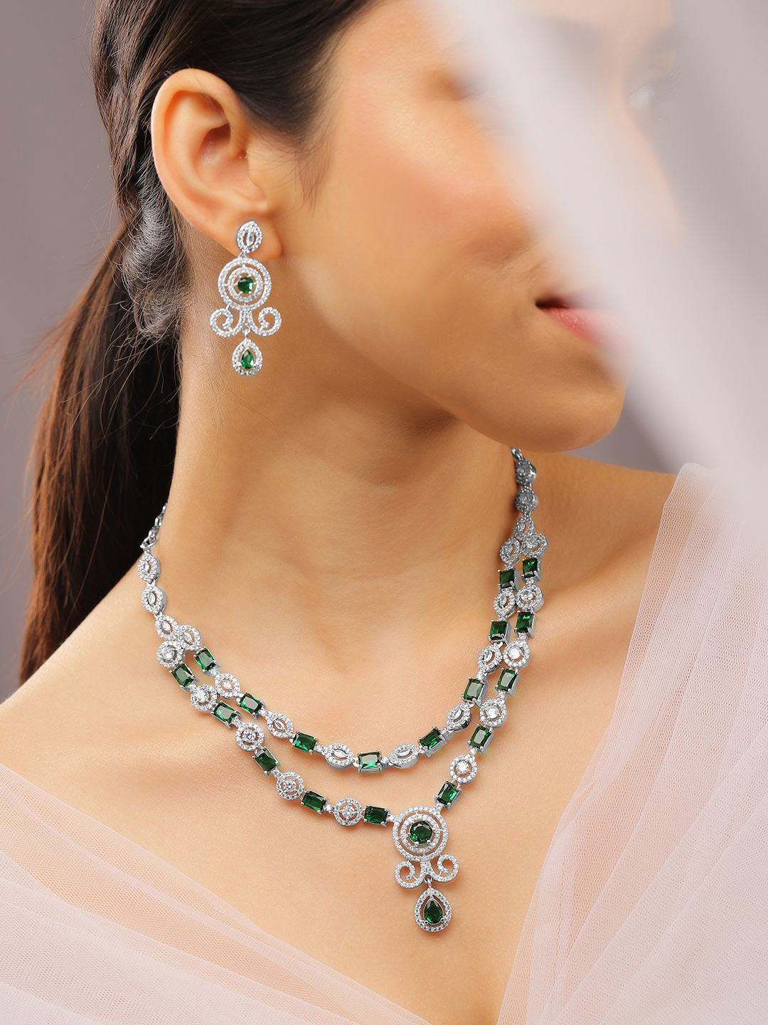 Rubans Rhodium-Plated Emerald Green & White Cubic Zirconia Double Layer Luxe Jewellery Set