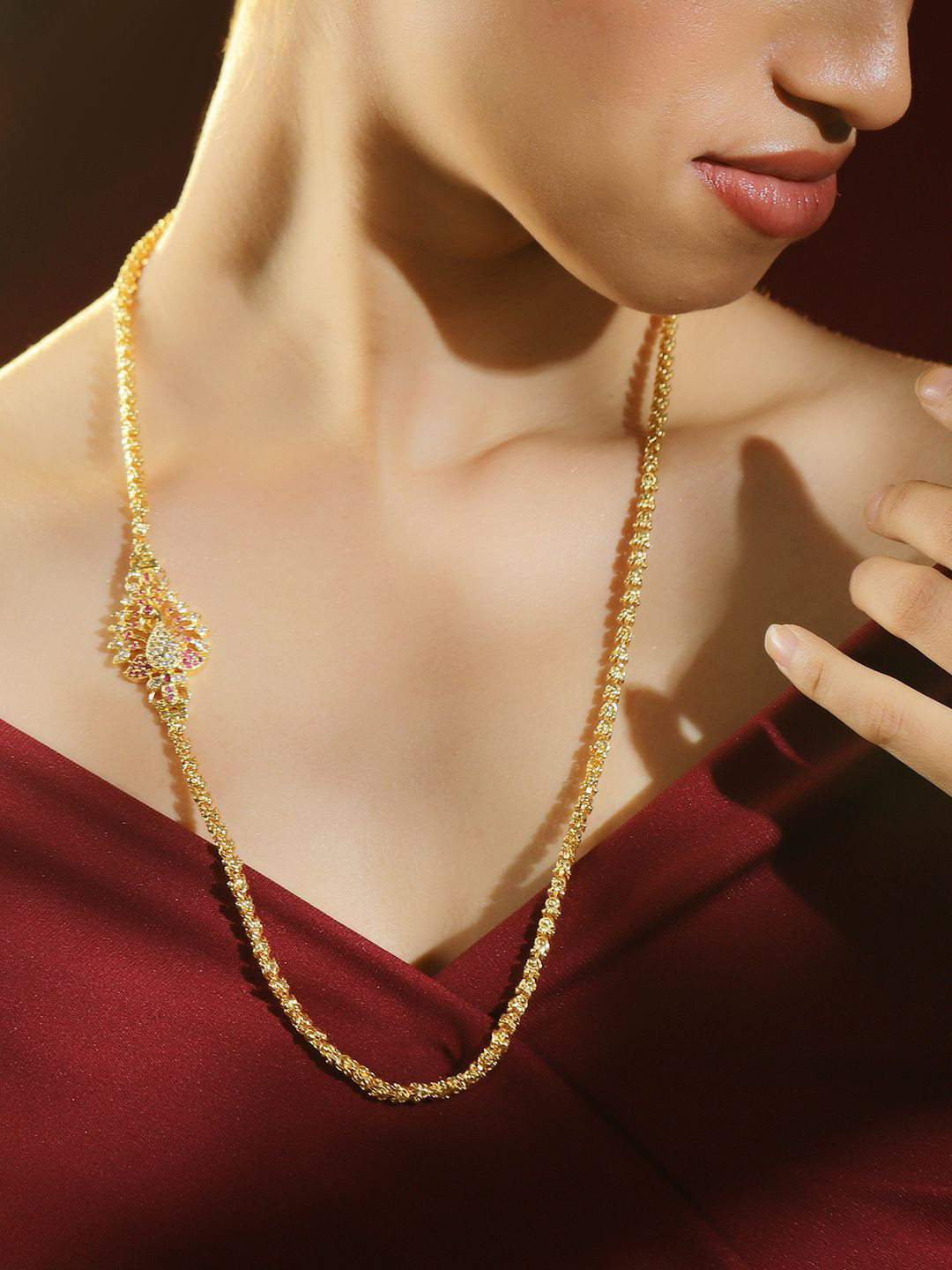 Rubans 22K Gold-Plated Twisted Rope Chain Necklace with Peacock Motif & Ruby Pink Stones