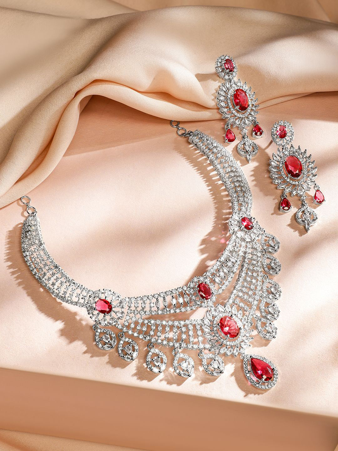 Rubans Rhodium-Plated Ruby Red & White Cubic Zirconia Studded Layered Choker Jewellery Set