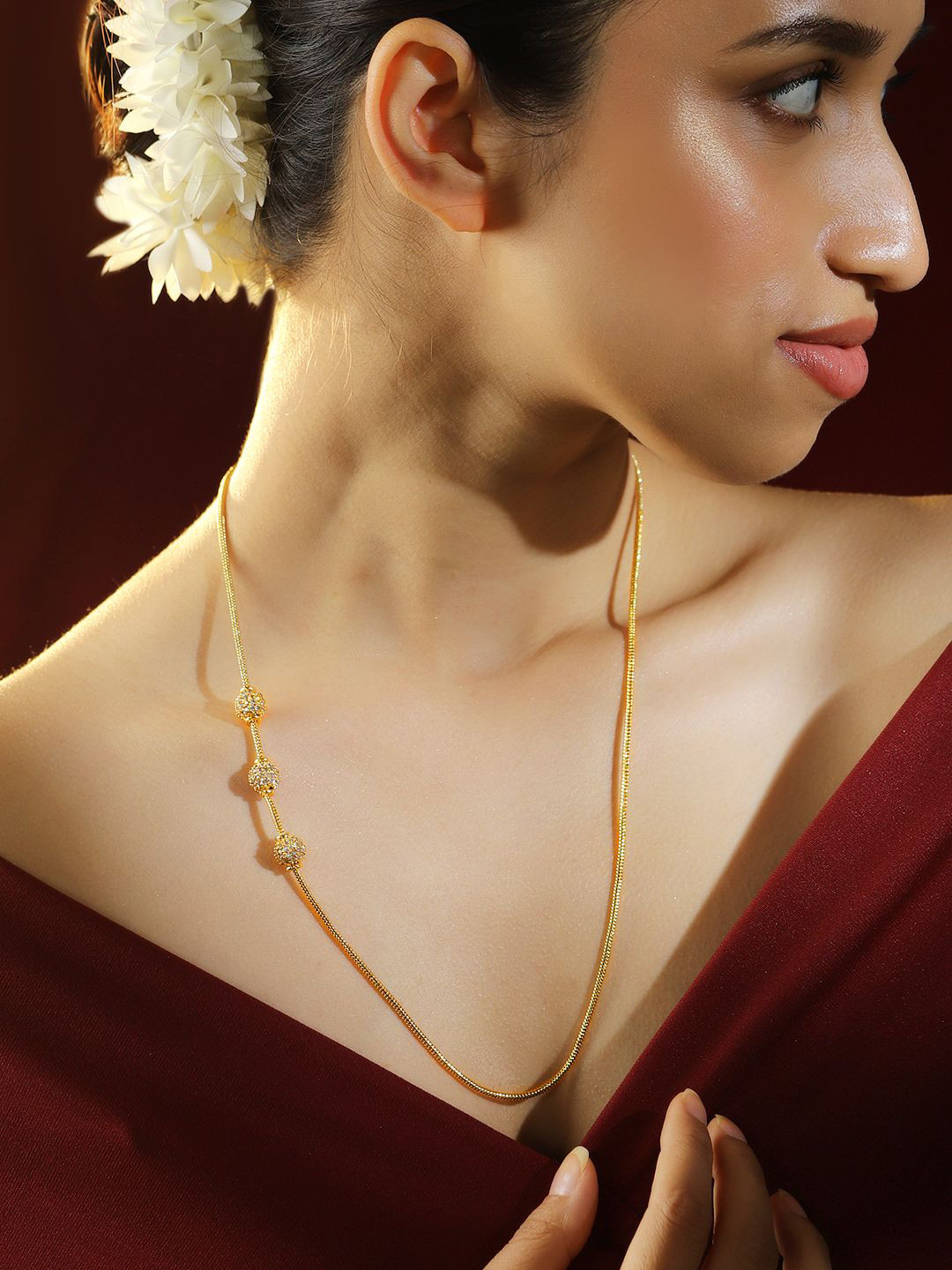 Rubans 22K Gold-Plated Sleek Chain Necklace with Cubic Zirconia Encrusted Beaded Accents