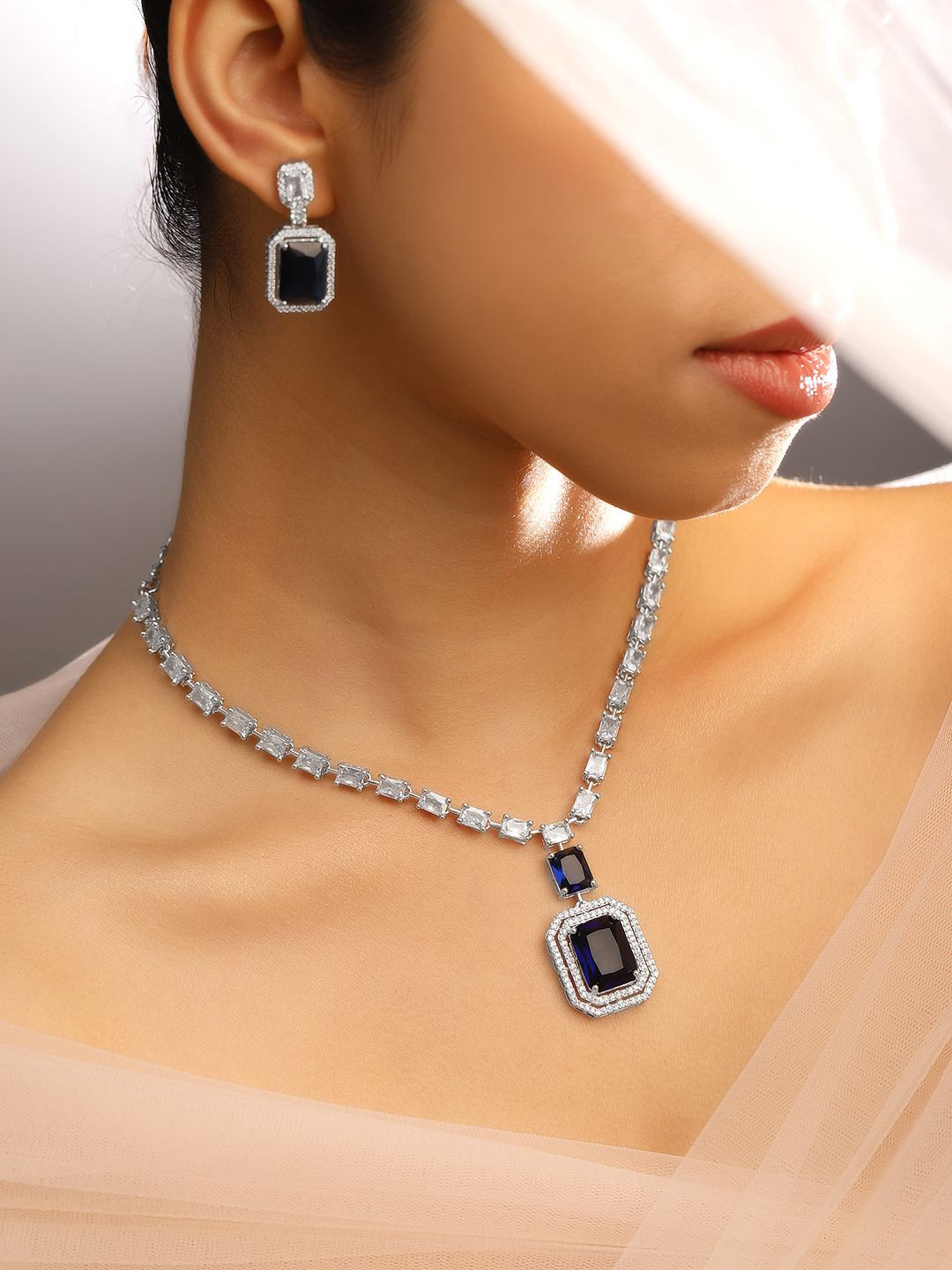 Rubans Rhodium-Plated Dark Blue Sapphire & White Cubic Zirconia Premium Jewellery Set