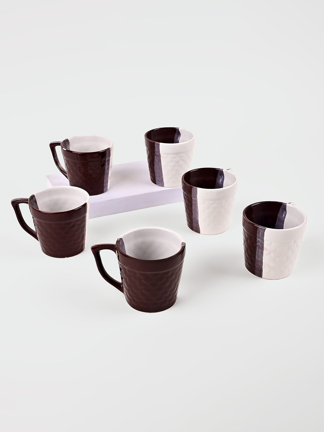 Storepedia Bloom Tea Trio Brown Colourblocked Ceramic Handmade 6 Piece Mugs-150ml