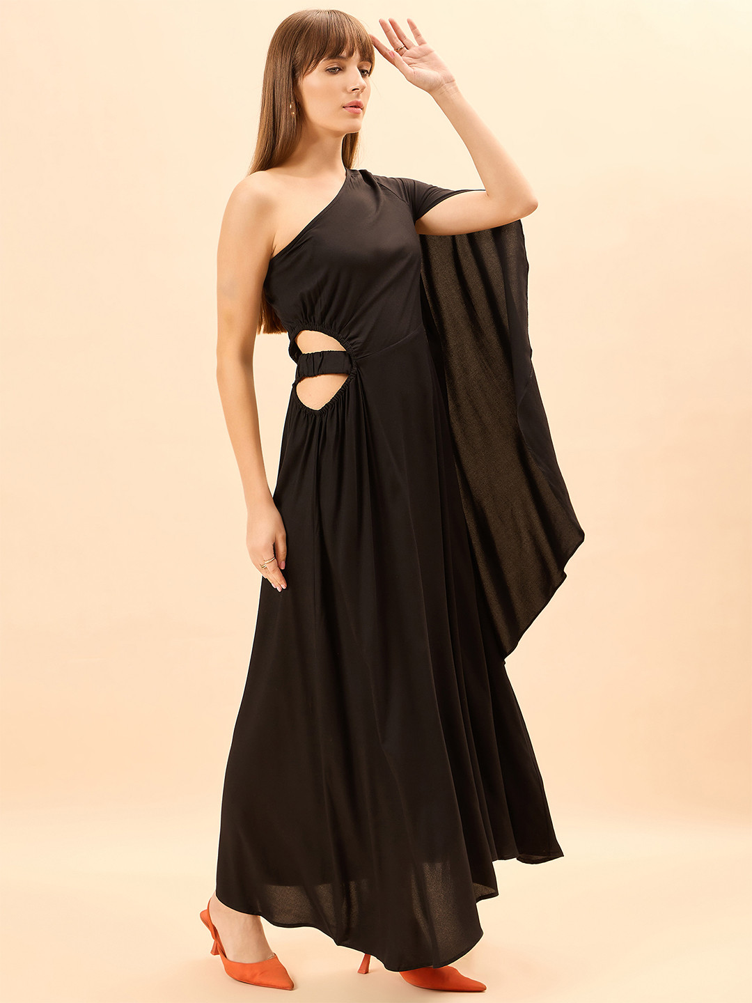 Shades of Sabi One Shoulder Cape Sleeve Maxi Dress