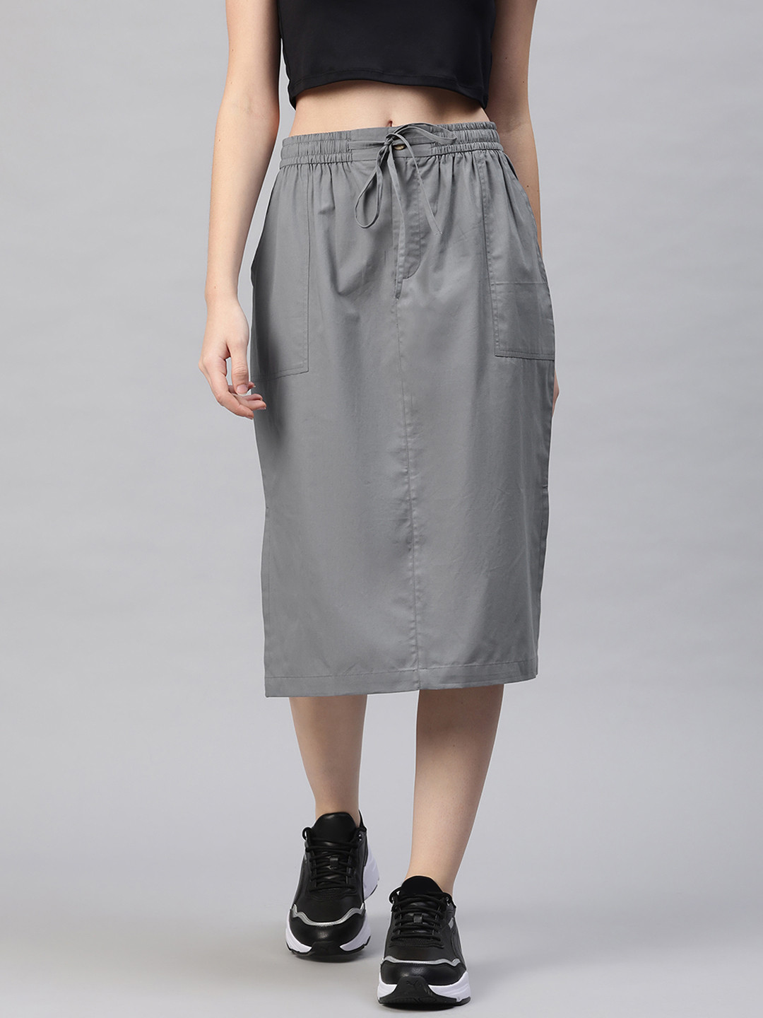 Popnetic Solid Cotton Tailored Skirt with Pocket