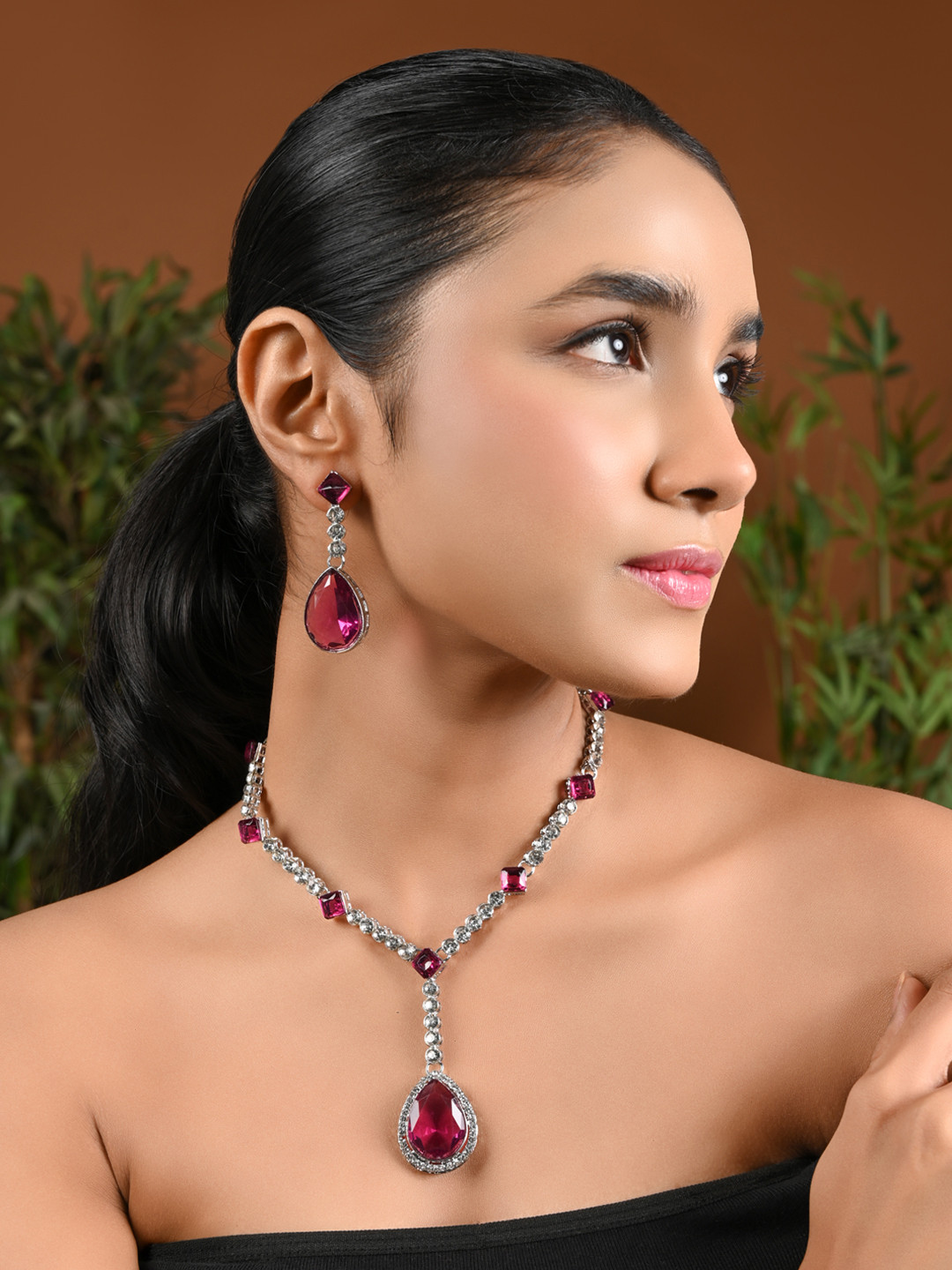 I Jewels Silver Plated Crystal & Diamond Stone Studded Jewellery Set