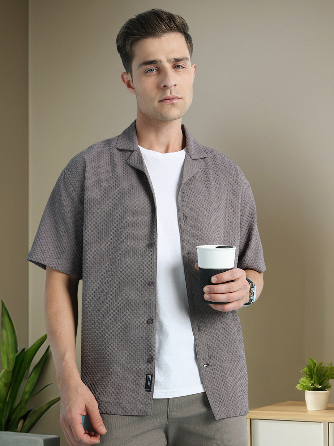 Dennis Lingo Cuban Collar Textured Relaxed Fit Casual Shirt