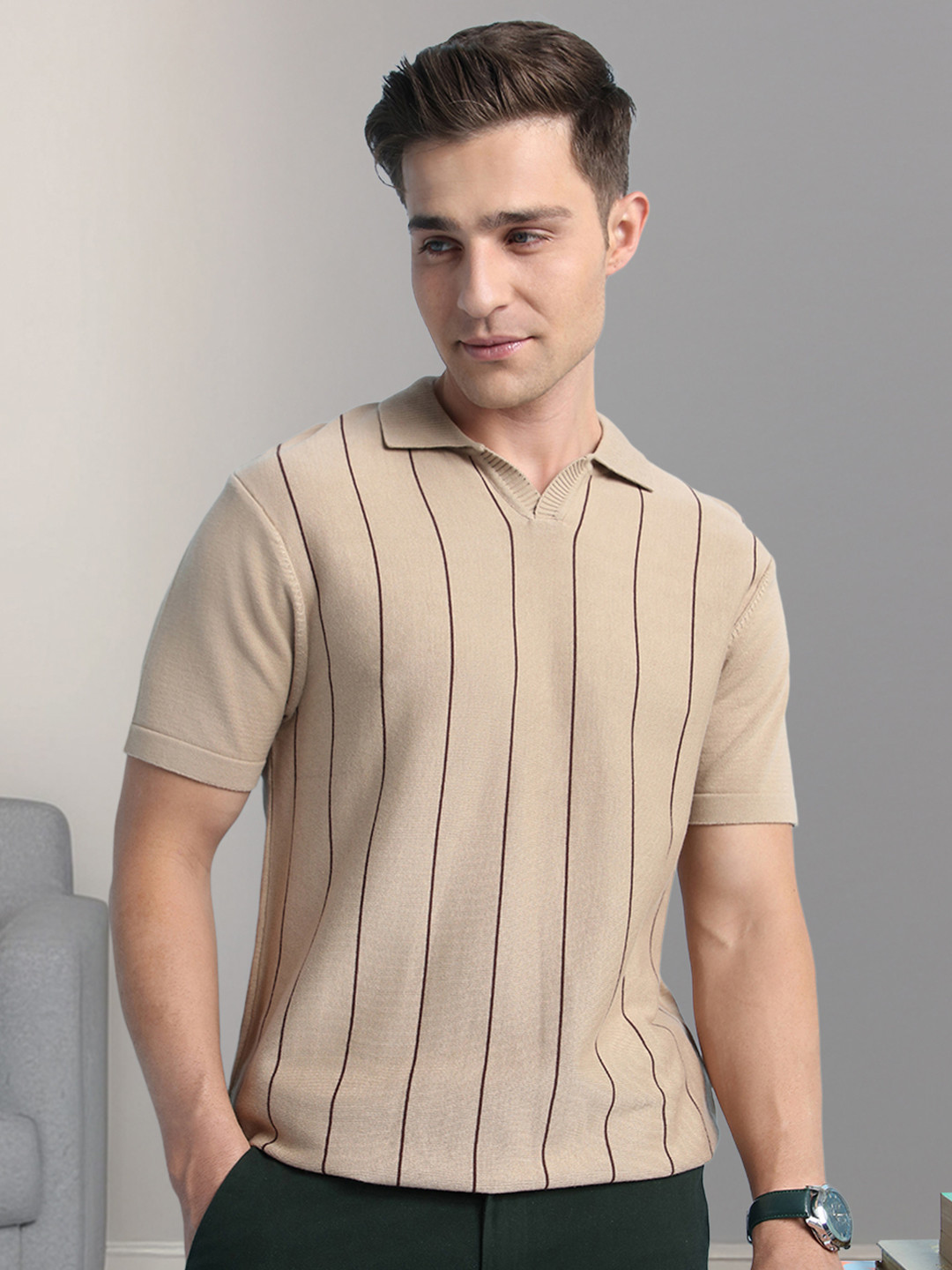 Dennis Lingo Men Pure Cotton Regular Fit Striped Flat Knit Polo T-shirts