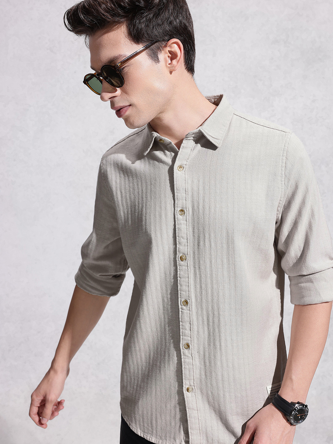 WROGN Textured Self Designed Pure Cotton Casual Shirt