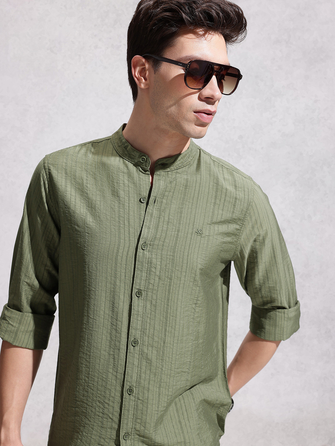 WROGN Striped Band Collar Shirt