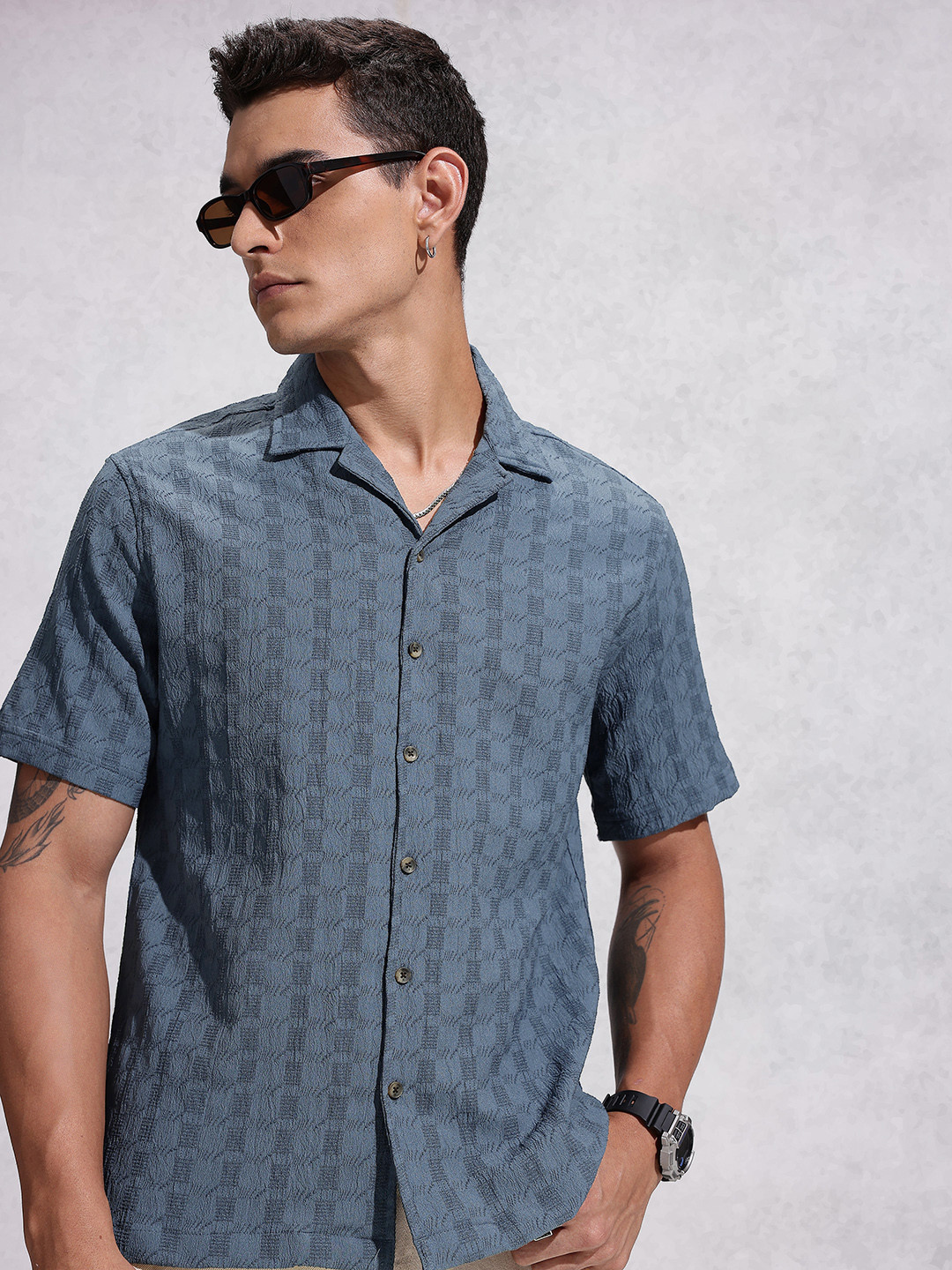 WROGN Resort Fit Self Design Textured Casual Shirt