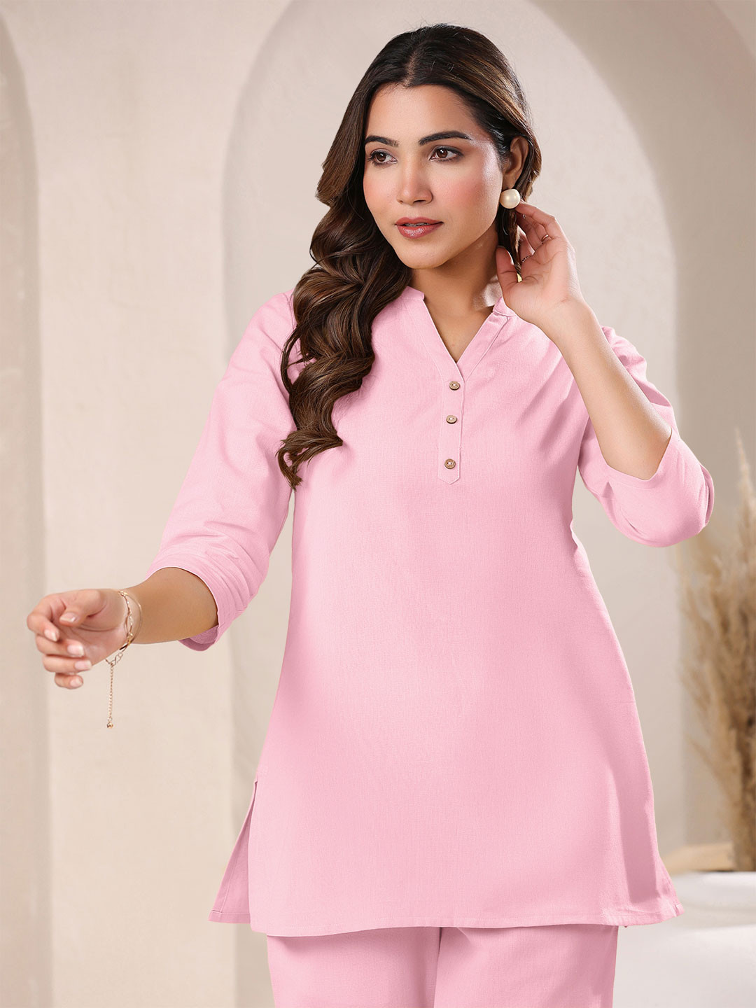 Janasya Women's Pink Linen Cotton Solid A-line Top