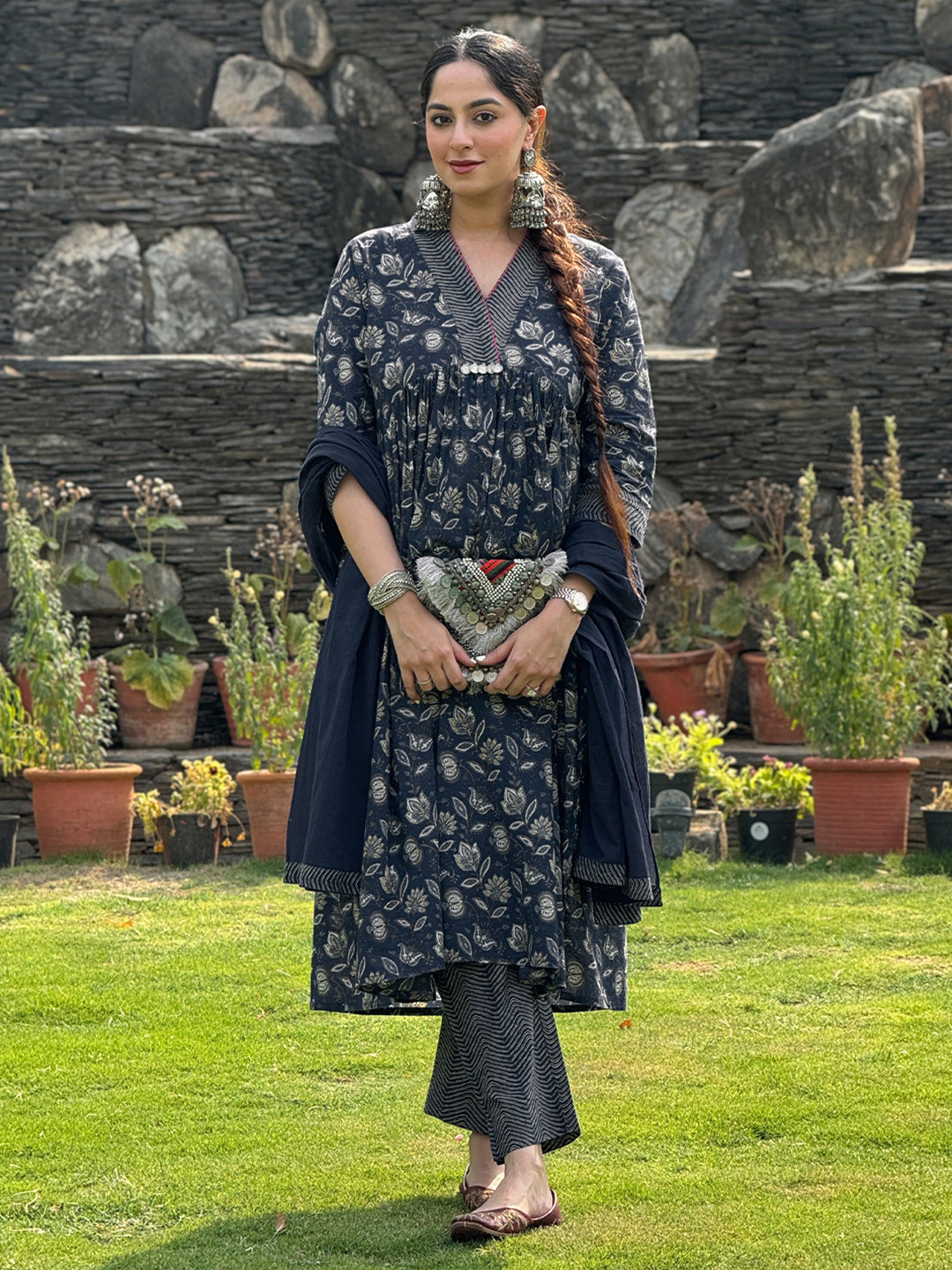 Janasya Women Navy Blue Pure Cotton Floral Printed A-line Kurta Pant With Dupatta Set