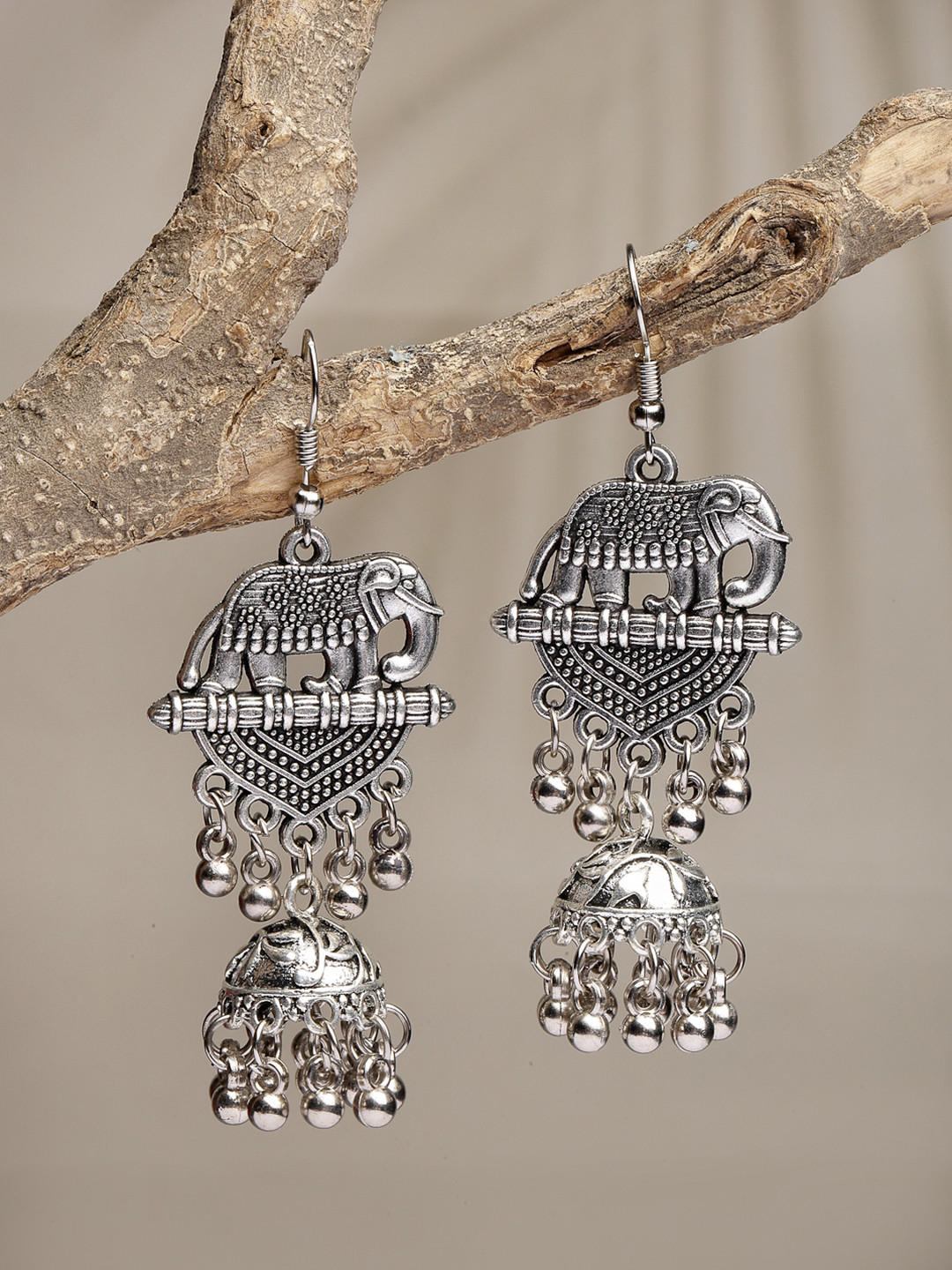 Anouk Women Silver-Toned Elephant Design German Silver Oxidised Dome Shaped Jhumka
