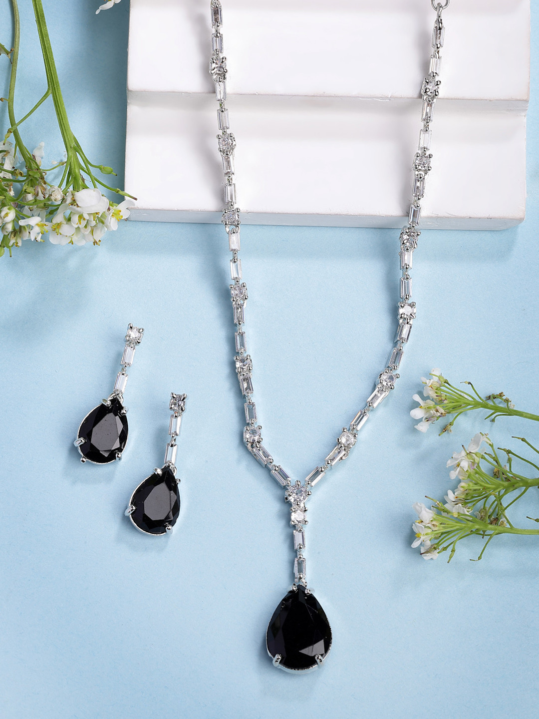 Anouk Women Silver Plated Black American Diamond Studded Jewellery Set