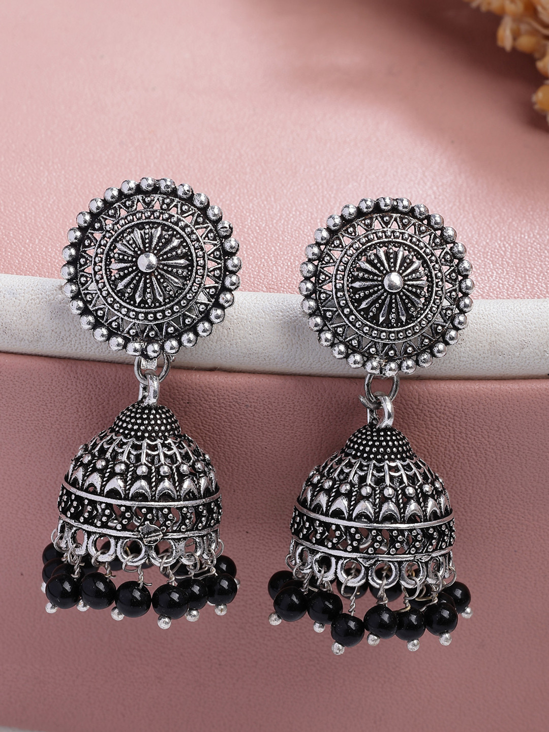 Anouk Women Oxidised Silver Plated Black Artificial Beads Jhumka Earrings