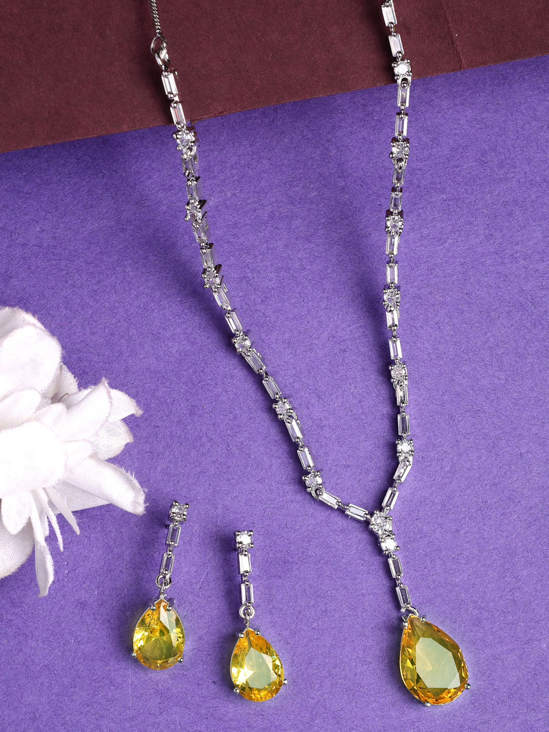 Anouk Women Silver-Plated Yellow American Diamond-Studded Handcrafted Jewellery Set
