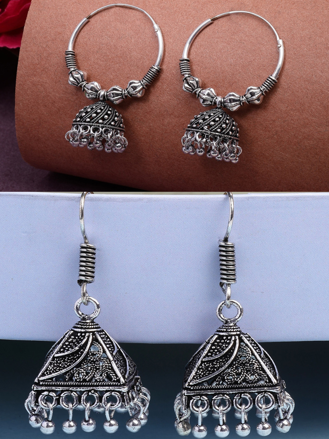 Anouk Women's Set of 2 Ethnic Silver Plated Oxidized Circle Jhumka Earrings