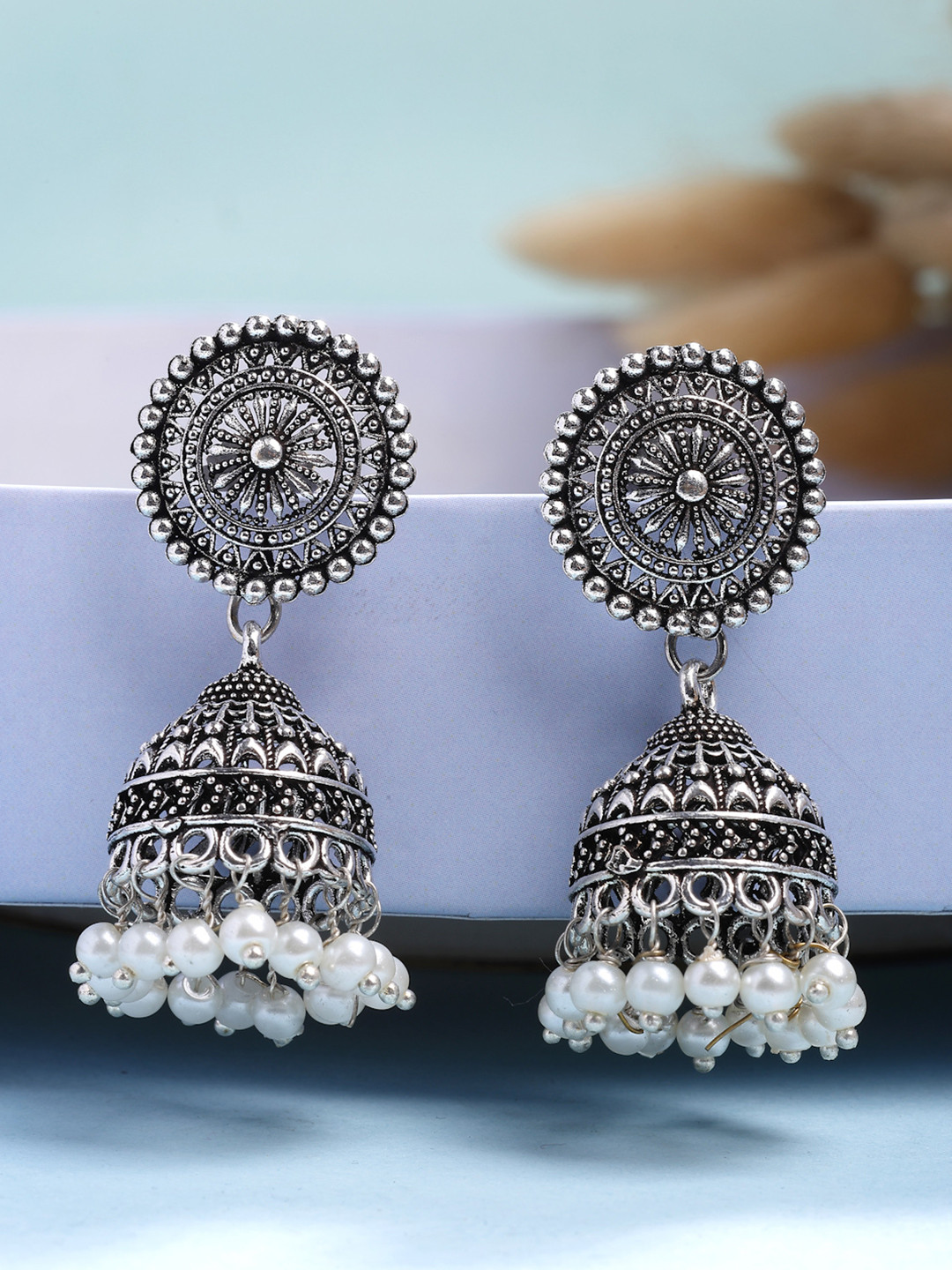 Anouk Women Oxidised Silver Plated White Artificial Beads Jhumka Earrings