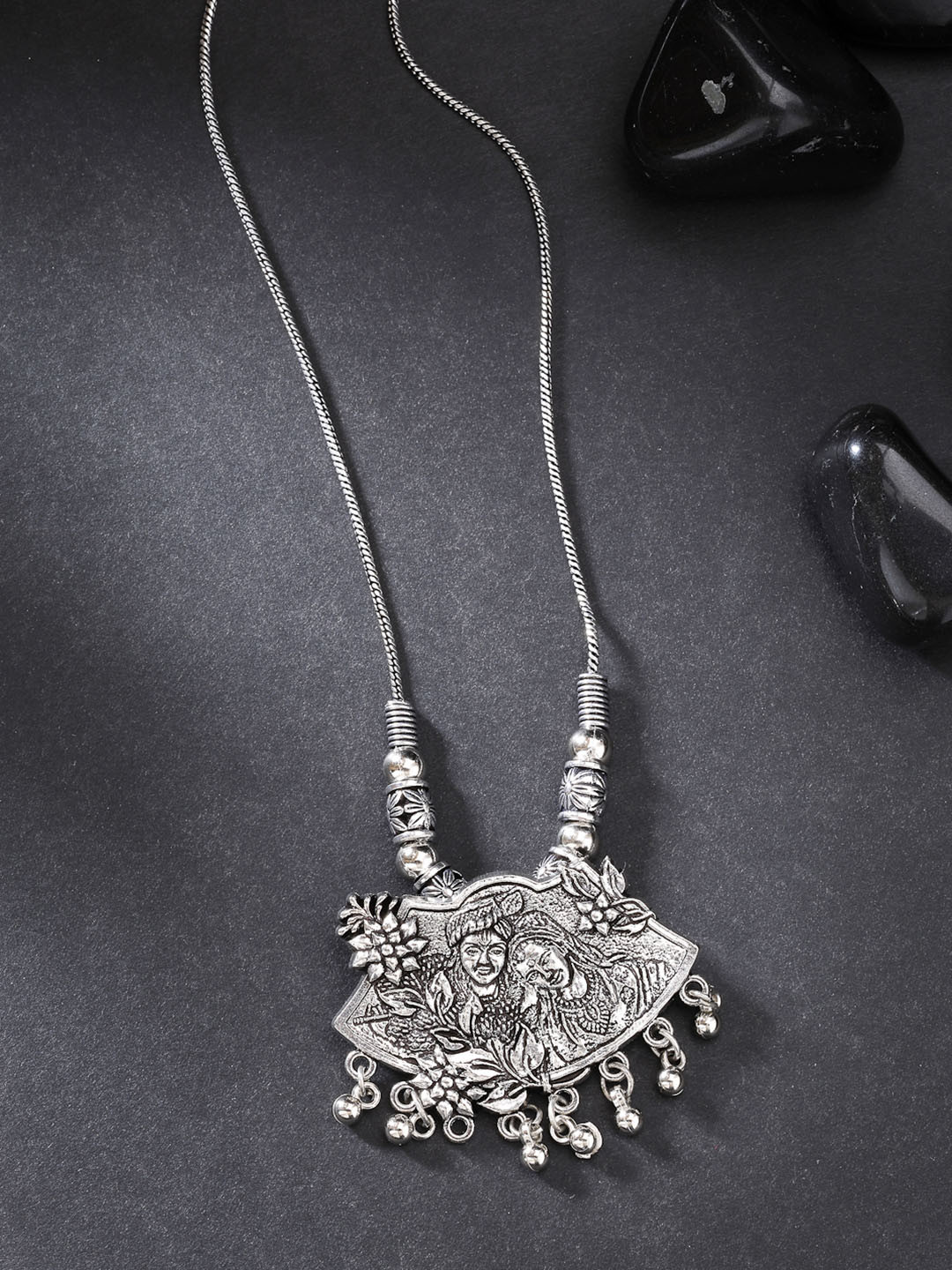 Anouk Women Silver-Toned Radha Krishna Pendant with Chain