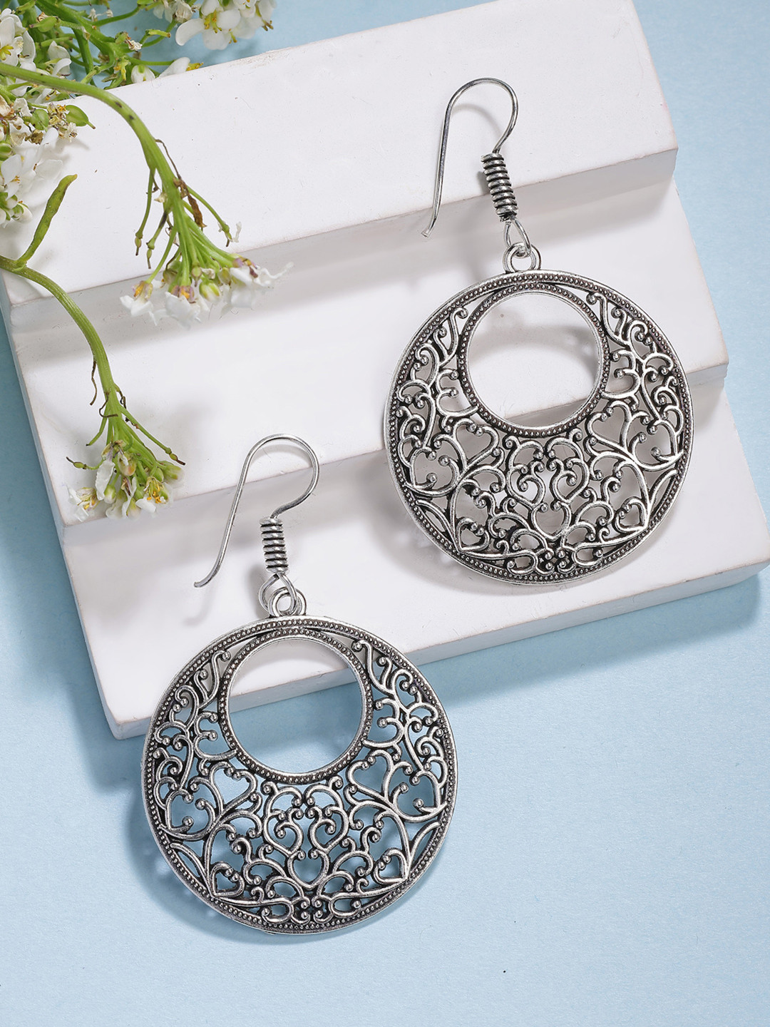 Anouk Women Ethnic Silver-Plated Oxidised Chandbali Earrings