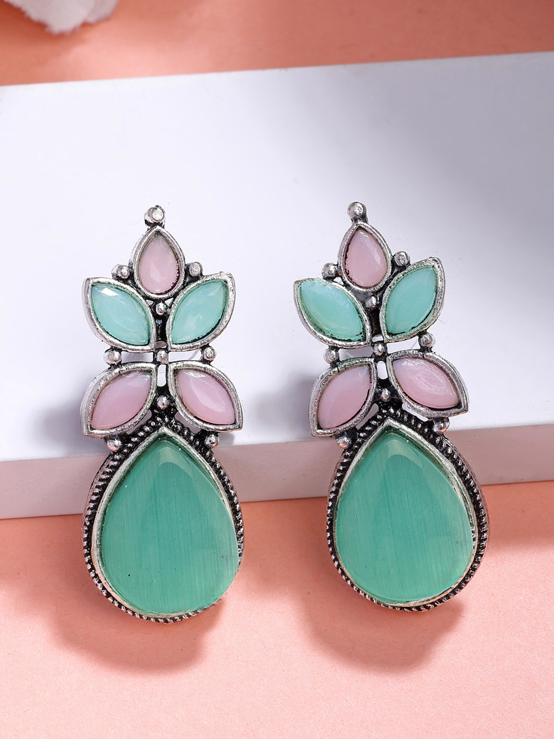 Anouk Women Green & Pink Artificial Stones Silver Plated Drop Earrings