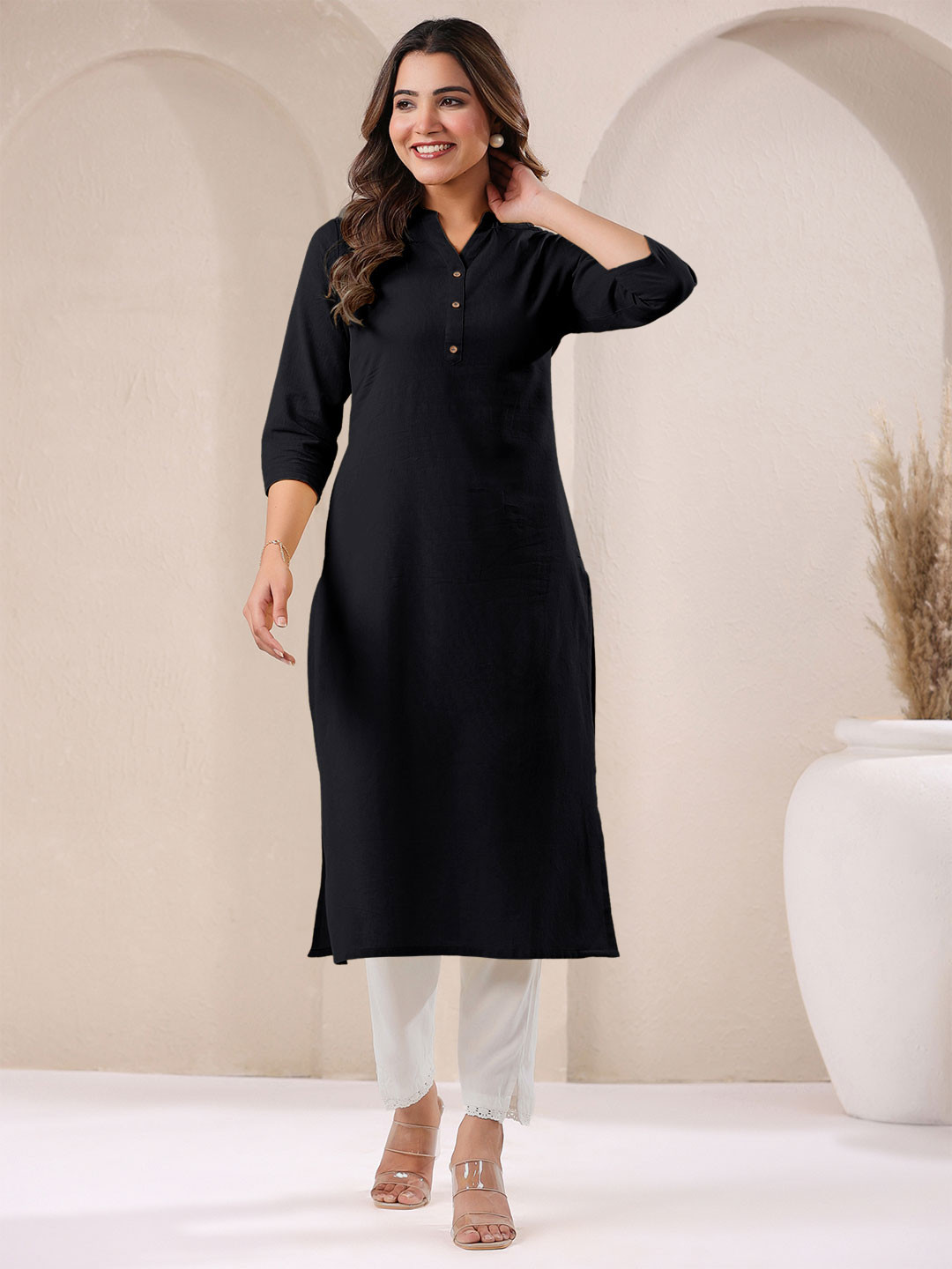 Janasya Women's Black Linen Cotton Solid Straight Kurta
