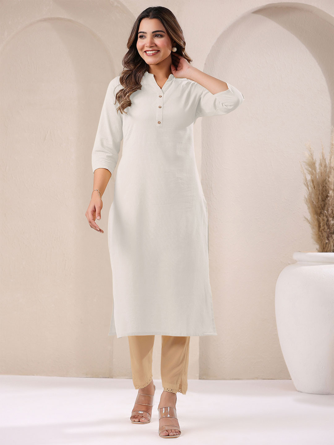 Janasya Women's Off White Linen Cotton Solid Straight Kurta