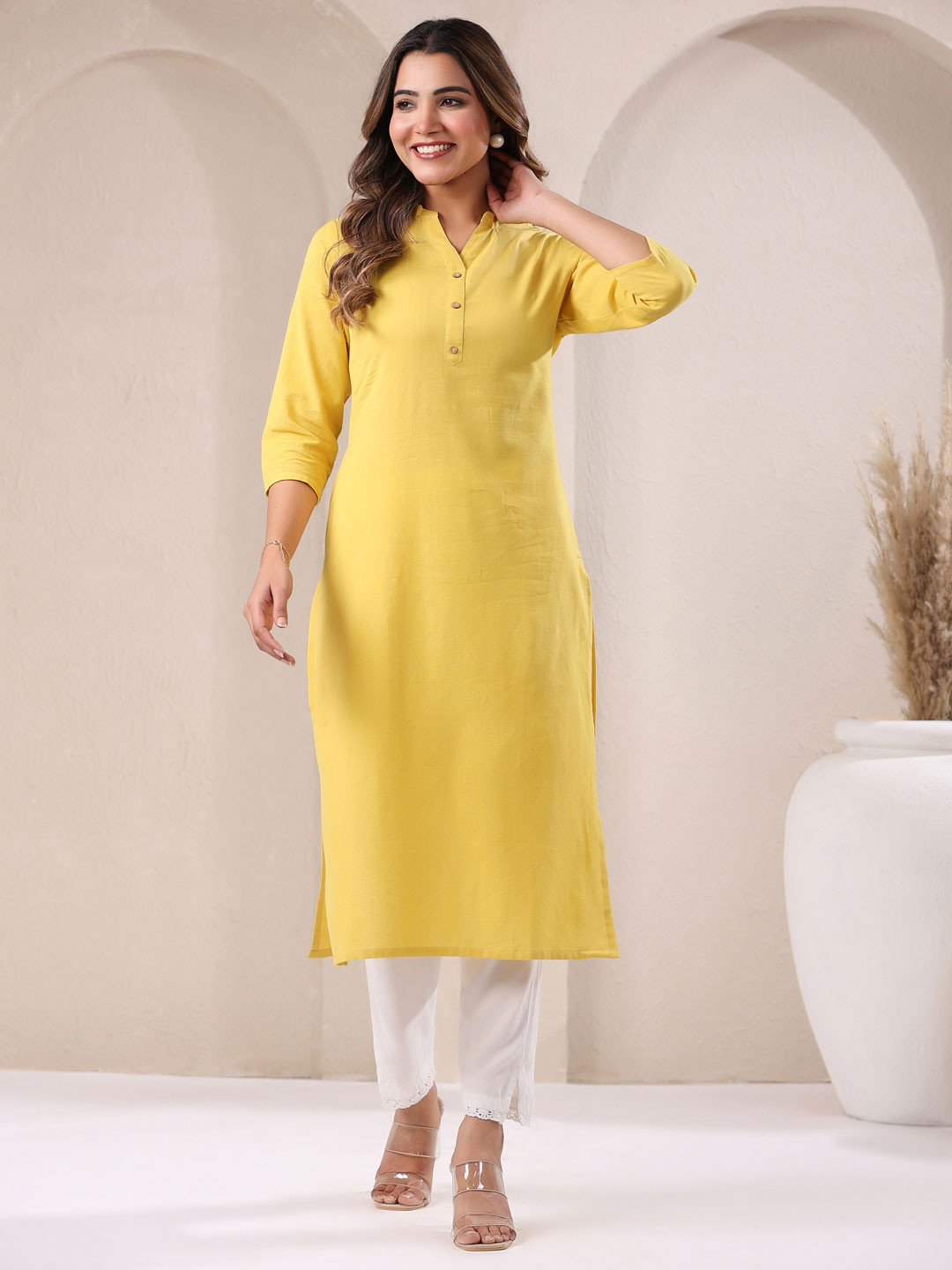 Janasya Women's Yellow Linen Cotton Solid Straight Kurta