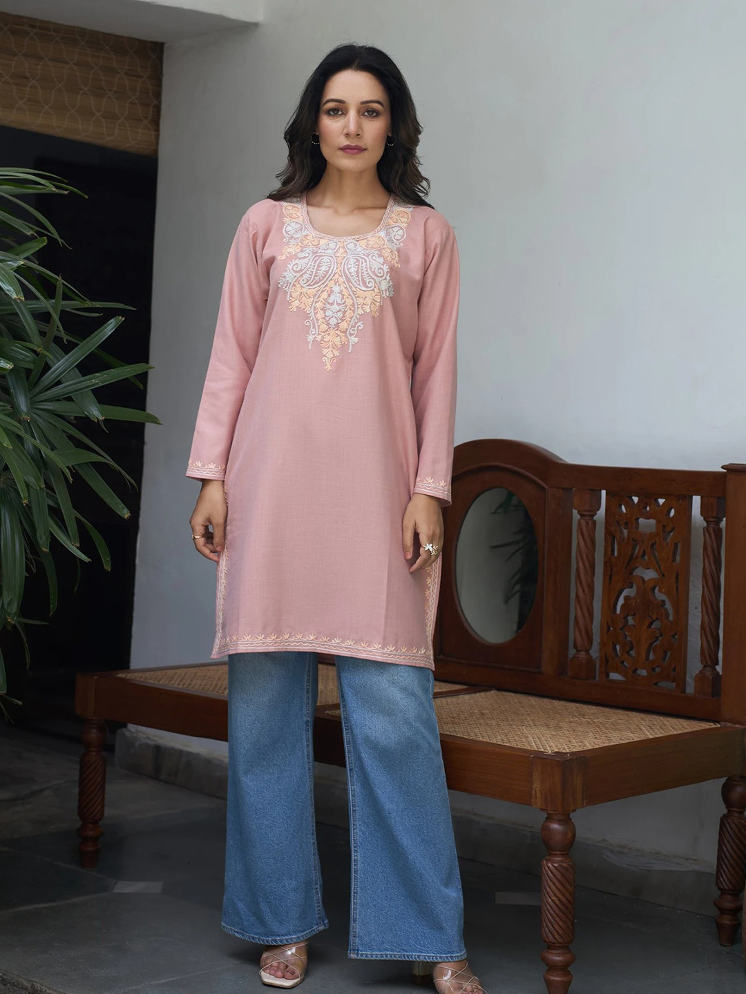 Kashmir Box Kashmiri Aari Embroidered Pink Ruby Cotton Kurti