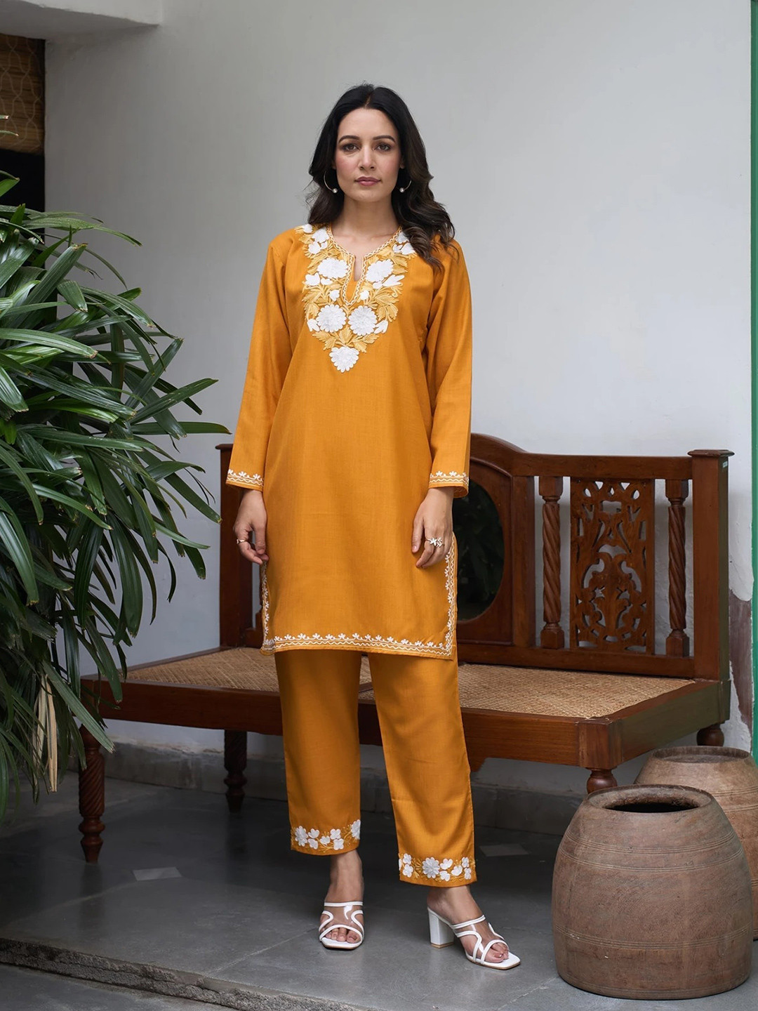 Kashmir Box Kashmiri Aari Embroidered Round Neck Cotton Summer Co Ord Set