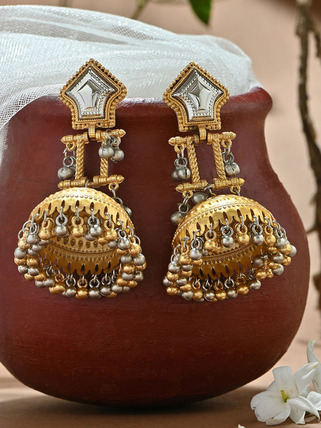 Fida Gold & Silver-Toned Bridal Jhumka Earrings With Beads