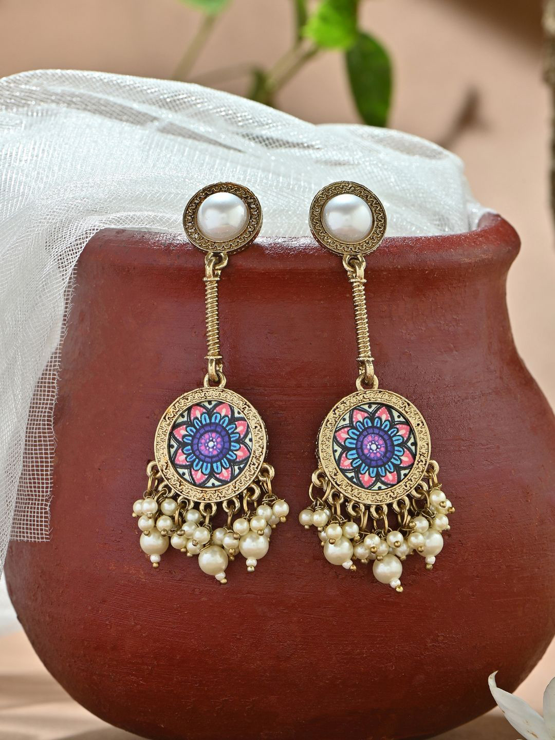 Fida Gold -Toned Multicolor Circular Mandala  With Pearls Drop & Dangler Earrings