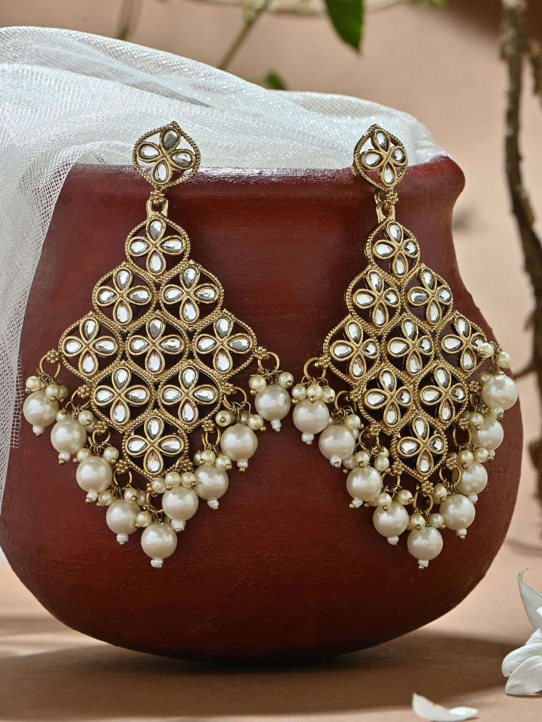Fida Gold-Toned Bridal White Kundan Pearl Drop Earrings