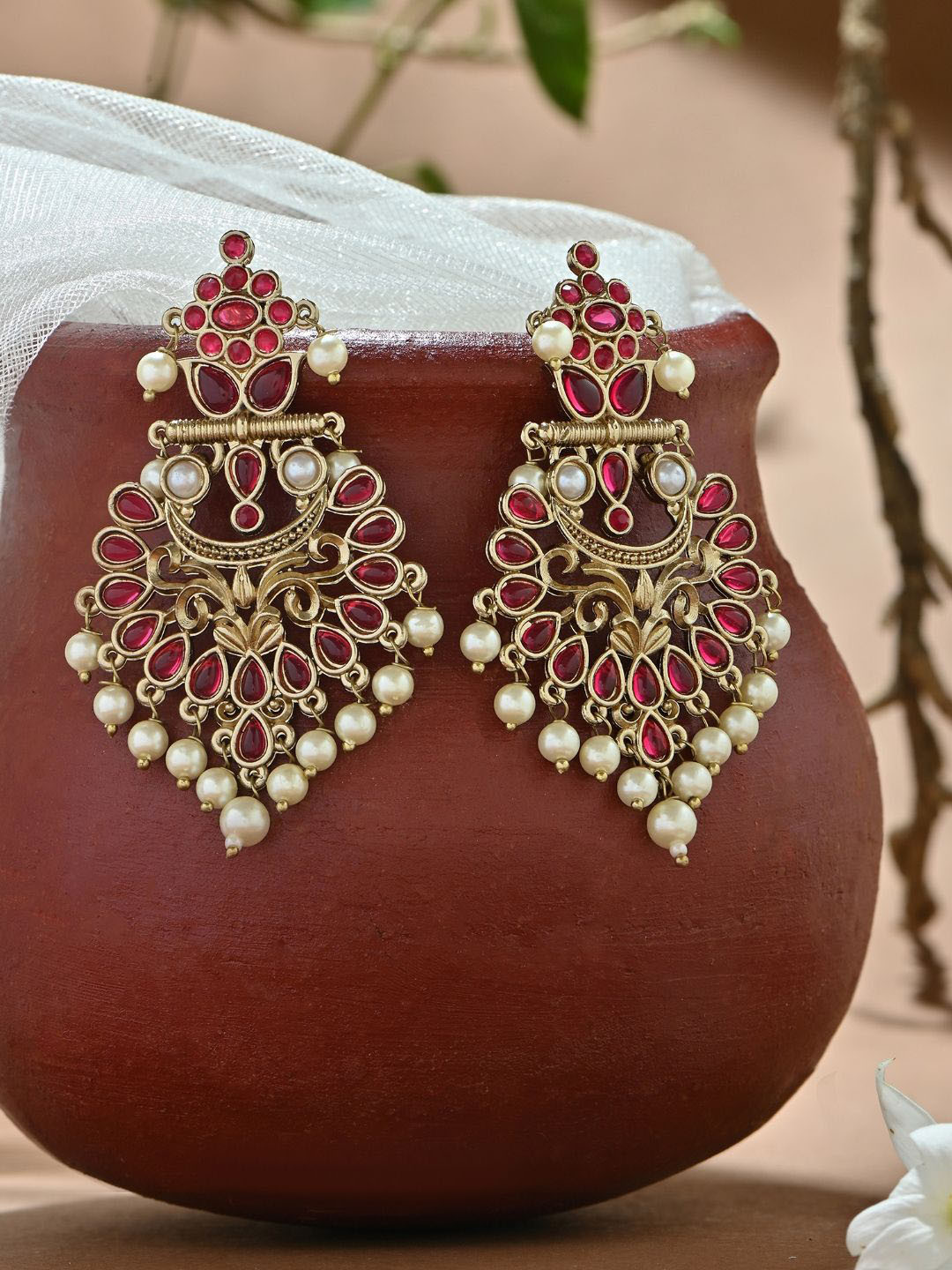 Fida Gold -Toned Red Kundan Floral Pearls Drops Muhuratam  Chandbali Earrings