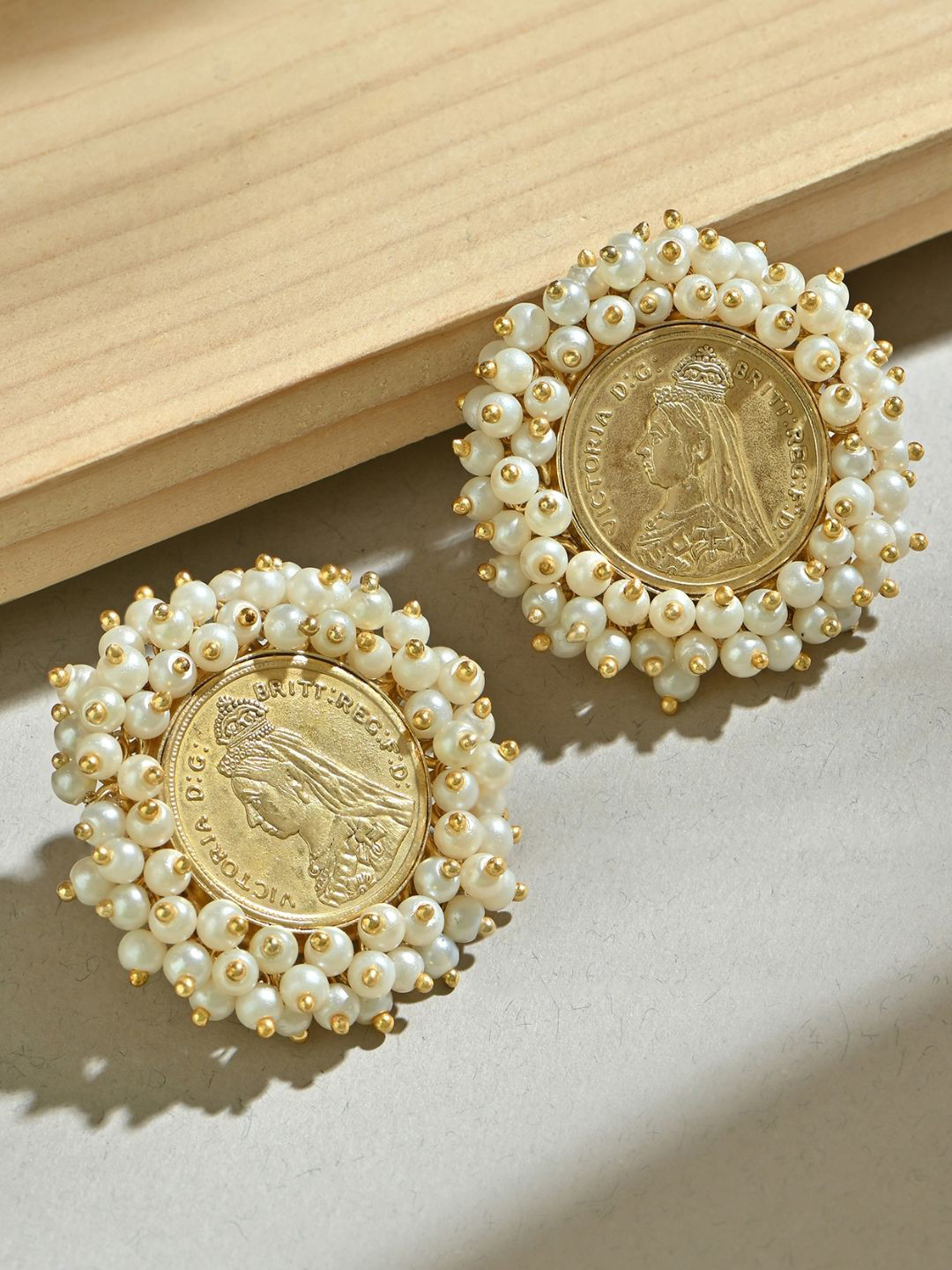 Fida Brass Gold-Plated Queen Victoria Coin Motif Circular Pearls  Stud Earrings