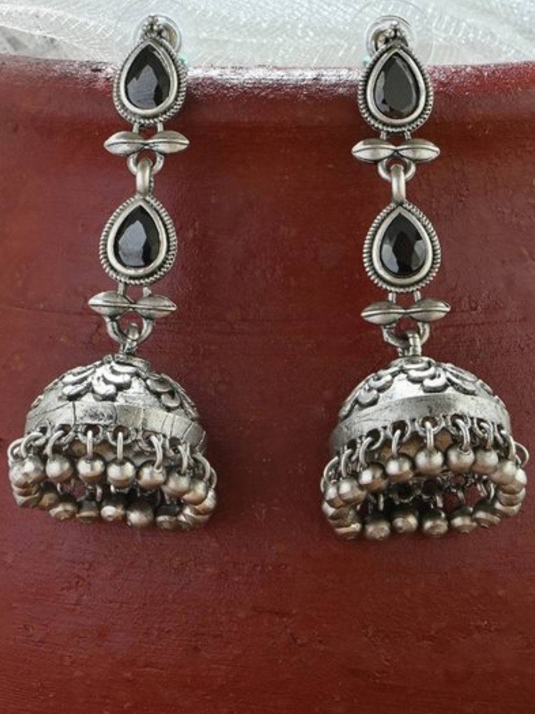 Fida Oxidised silver Black Teardrop Temple Jhumka Earrings