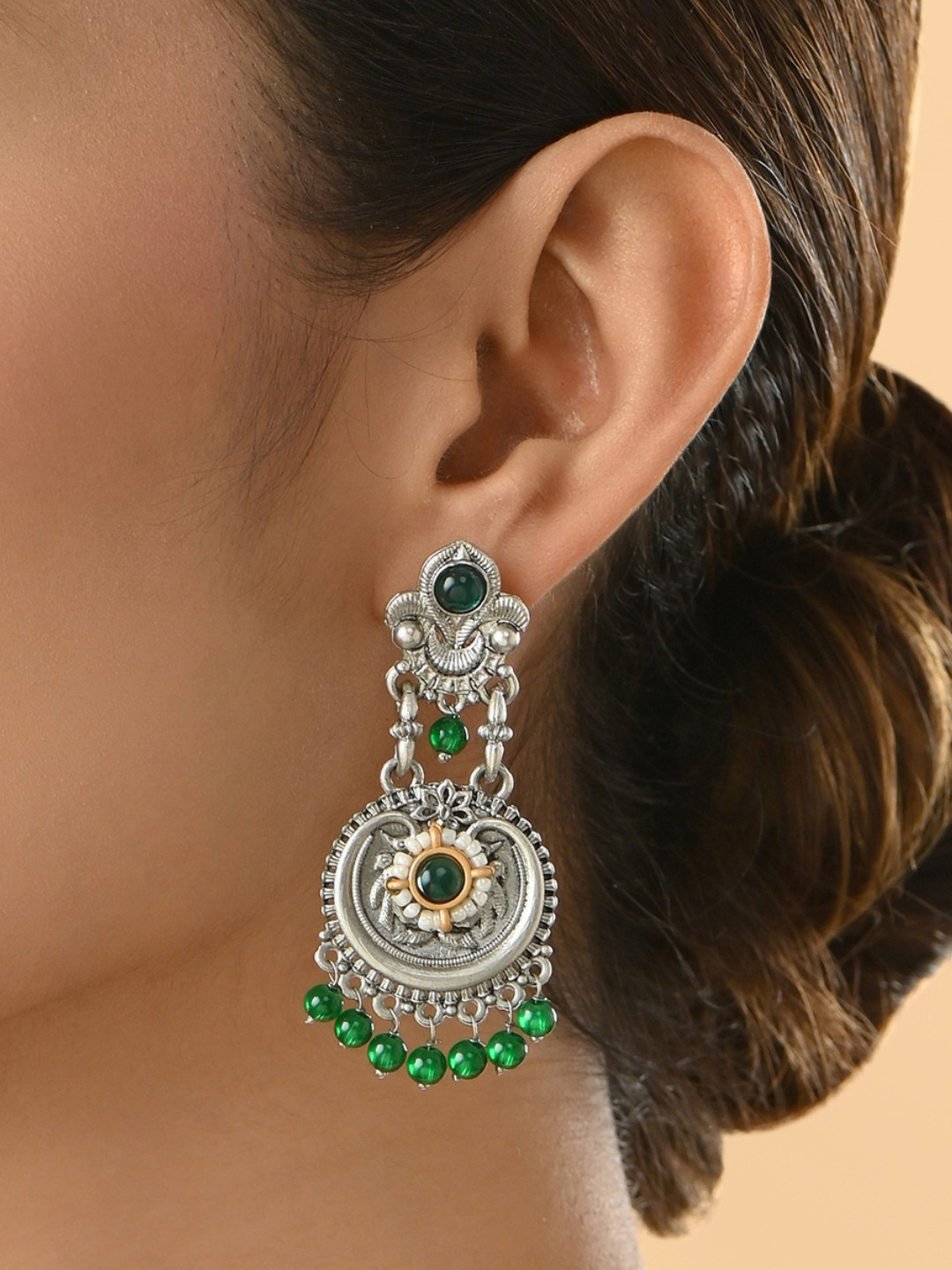Fida Silver-Plated Bridal Green Stones & Droplets Round Floral Drop Earrings