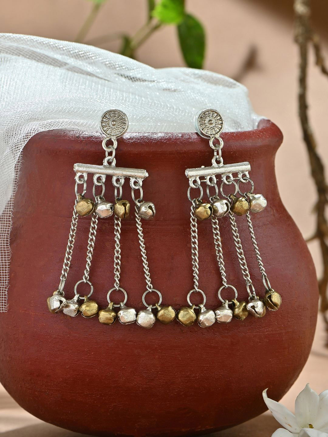 Fida Gold and Silver Plated Ghunghroo Double Layered Beaded Long Drop & Dangler Earrings