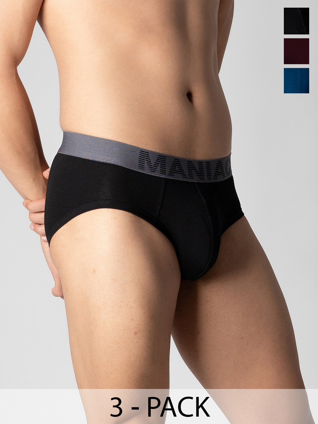 Maniac Pack Of 3 Cotton Anti-Pilling Basic Brief MN25-3PCK-COTN-BRIEF-BLK_PTRL_BRGD-S