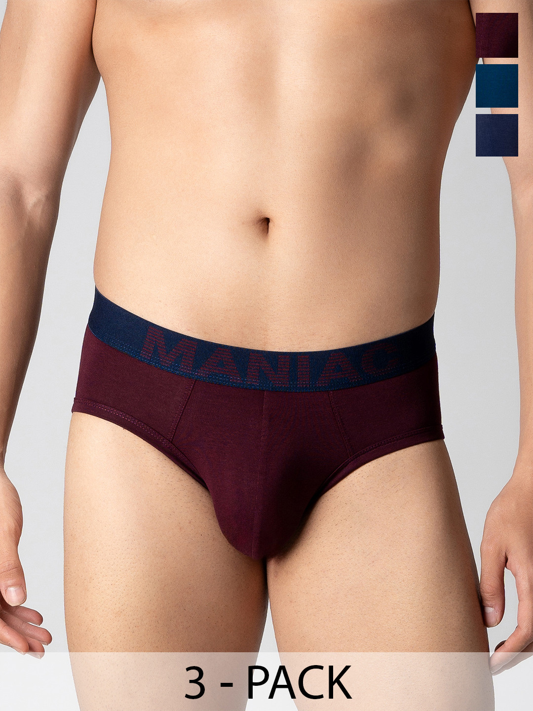 Maniac Pack Of 3 Cotton Basic Briefs MN25-3PCK-COTN-BRIEF-BRGD_NVY_PTRL-S