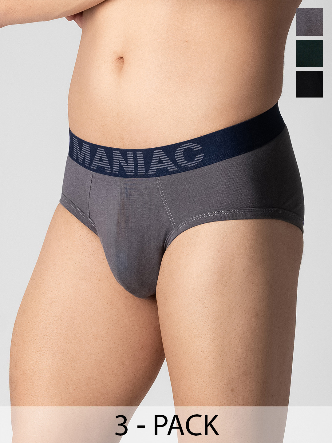 Maniac Pack Of 3 Cotton Odor-Free Basic Brief MN25-3PCK-COTN-BRIEF-BLK_GRY_GRN-S
