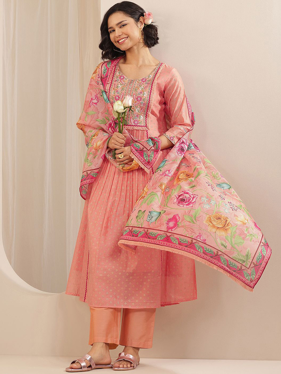 Libas Women Floral Embroidered Pleated Chanderi Silk Kurta with Trousers & With Dupatta