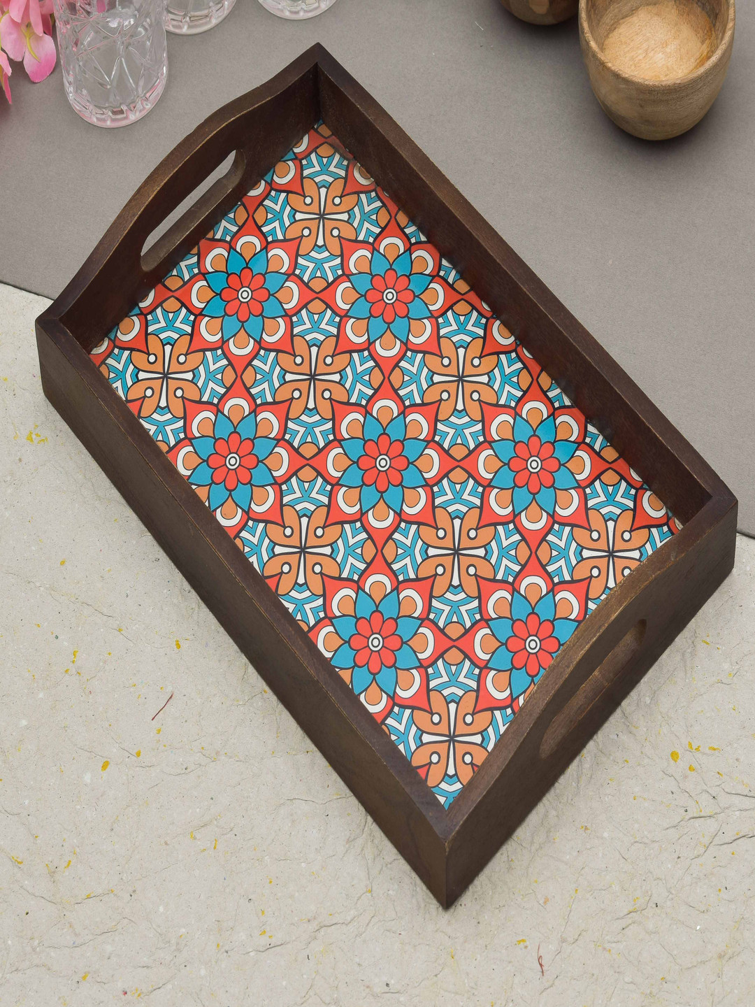 OGGN Blue Floral Printed Mango Wooden Brown Rectangle Tray