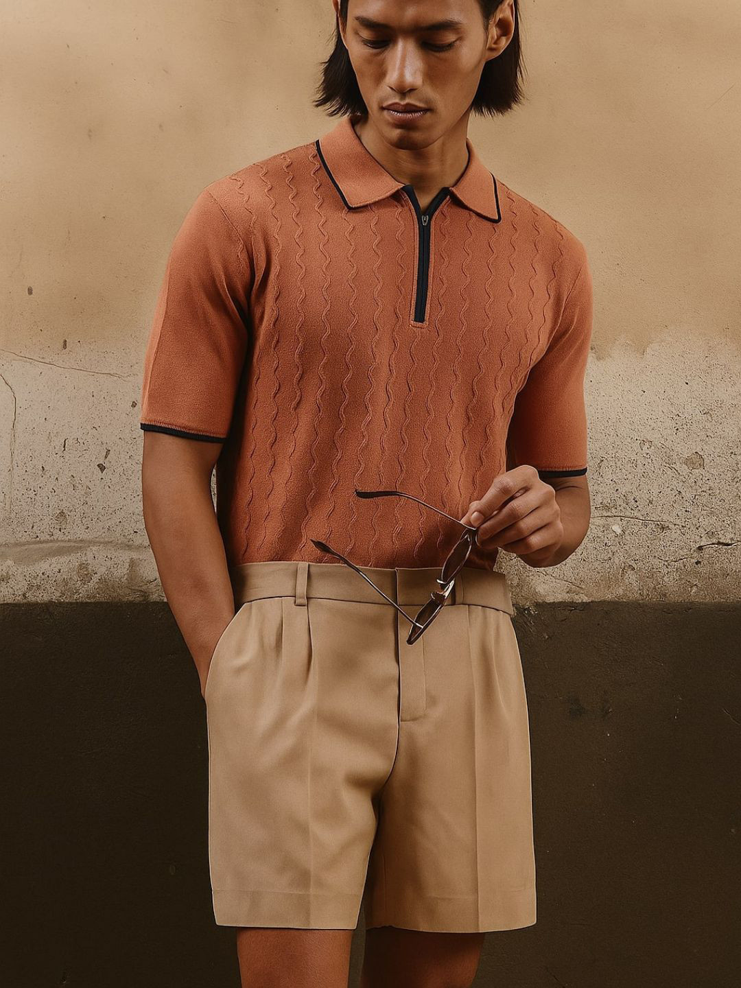 ARMISTO Men Pure Cotton Half Zip Textured Knit T-shirt