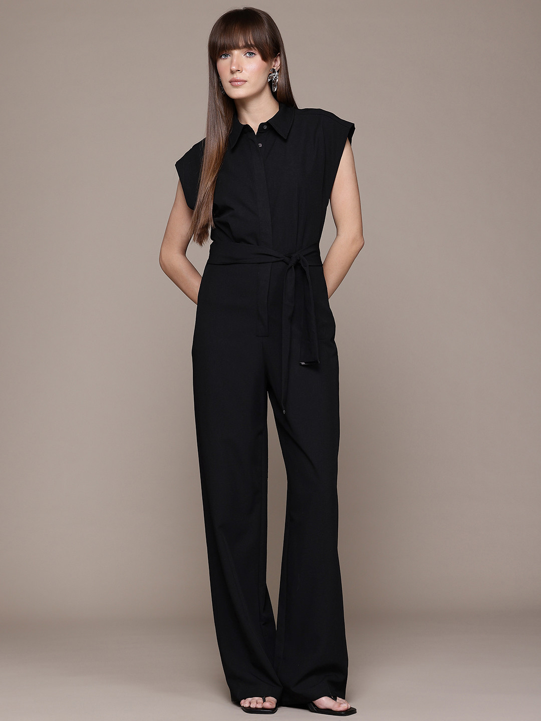 MANGO Extended Sleeves Button-Down Wide Leg Jumpsuit with Belt