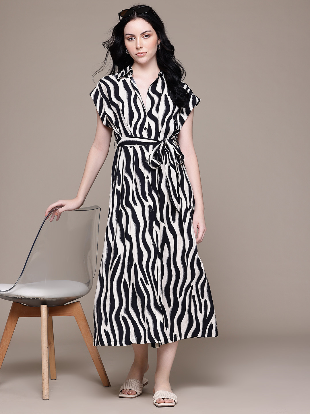 MANGO Animal Print Shirt Style Midi Dress